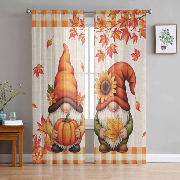 Orange Gnomes Sheer Curtains 72 Inches Long 2 Panels Set, Window Sheer Curtains for Living Room/Bedroom, Fall Maple Leaves Sunflowers Pumpkins Retro Light Filtering Rod Pocket Curtain 52'' x 72'' x 2