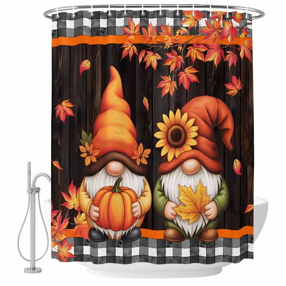 Orange Gnomes Shower Curtain, Waterproof Shower Curtains for Bathroom, Pumpkin Sunflower Maple Country Wood Plank Washable Fabric Bathtub Curtain Set Bath Decor with 12 Hooks 72"x78"