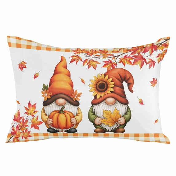Orange Gnomes Throw Pillow Cover 20 x 30 Inch Decorative Pillow Cover Pumpkins Sunflowers Maple Farmhouse Plaid Lumbar Pillowcase Seasonal Rectangle Cushion Case for Couch Sofa Bed Living Room