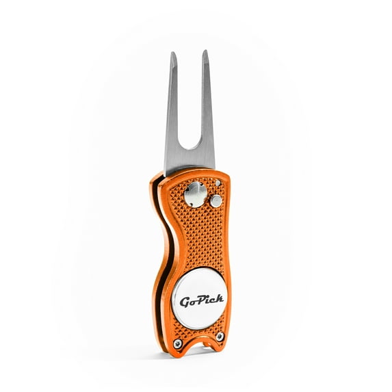 Orange GoPick Golf Divot Repair Tool - Stainless Steel Switchblade With Detachable Ball Marker