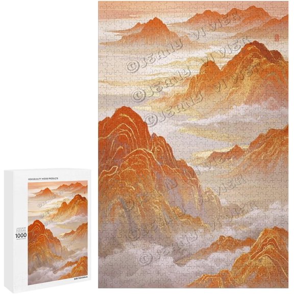 Orange and Gold Decor Mountain 1000 Piece Wooden Jigsaw Puzzle for Adults Vibrant Sunset Scene, Relaxing Challenge, Family Together Time, Finished Size 30 x 20 Inches
