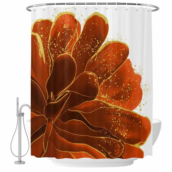 Orange Gold Flower Bathroom Shower Curtains with Hooks, Orange Gradient Vintage Abstract Line Waterproof Fabric Washable Shower Curtain for Home Hotel Bathtub Decor 60x72 Inch