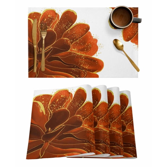 Orange Gold Flower Placemats Set of 2 Orange Gradient Vintage Abstract Line Heat Insulation Washable Place Mats, Rustic Non-Slip Table Mats for Dining Table Party Kitchen Decor,13x19 Inch