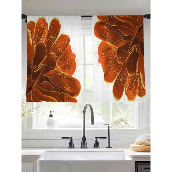 Orange Gold Flower Sheer Curtains 54 Inches Long 2 Panels Orange Gradient Vintage Abstract Line Light Filtering Semi Sheer Window Curtains Drapes for Bedroom Living Room 52"x54"