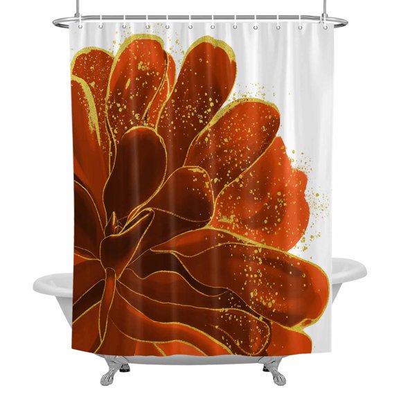 Orange Gold Flower Shower Curtain for Bathroom, Orange Gradient Vintage Abstract Line Waterproof Cloth Fabric Bathroom Accessories Set with 12 Rust Proof Plastic Hooks, 54"x78"