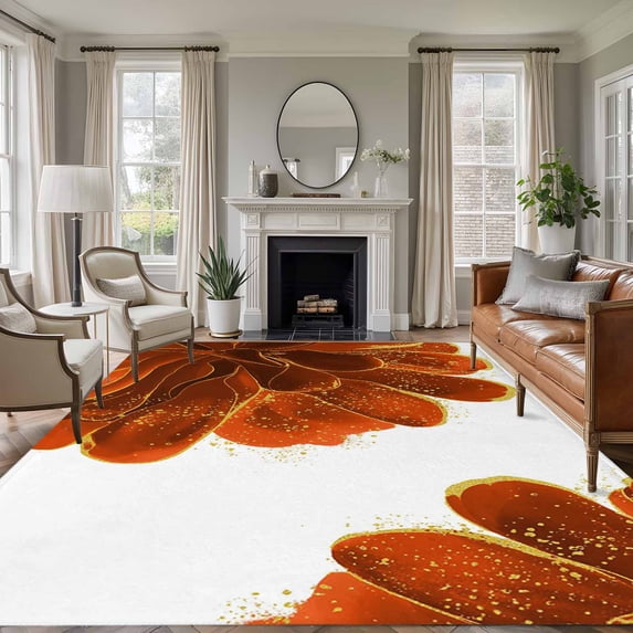 Orange Gold Flower Washable Living Room Rugs 5'x8', Orange Gradient Vintage Abstract Line Low Pile Throw Large Area Rug Non-Slip Sturdy Edge Binding Carpet for Living Room Kitchen Office
