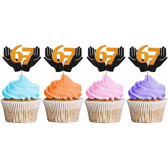 Orange Gold Glitter 6-7 Cupcake Toppers Black Hand Outline Design, 12 Pack 6-7th Birthday Cake Picks, Happy 6-7 Birthday Party Dessert Table Decorations