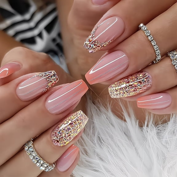 Orange Gold Glitter Coffin Press On Nails 24Pcs Reusable False Nails Set