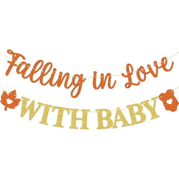 Orange Gold Glitter Falling In Love With Baby Banner, Autumn Maple Leaf Baby Bodysuit Cutouts Fall Pregnancy Announcement Baby Shower Banner