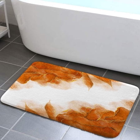 Orange and Gold Marble Bath Mat for Bathroom, Modern Abstract Burnt Orange Brown White Floor Rugs Mats Non Slip Cute Ombre Bathroom Decor Accessories 16X24 Inches Kitchen Bedroom Indoor