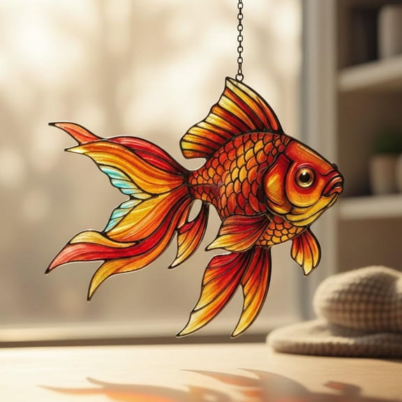 Orange Goldfish Acrylic Suncatcher Fancy Carp Aquatic Vibrant Zen Window Hanging Home Decor Fish Lovers Gift