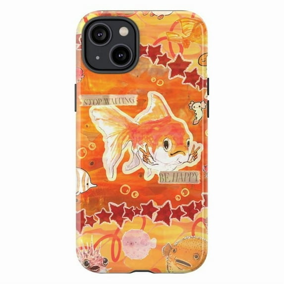 Orange Goldfish "Stop Waiting Be Happy" Inspirational Art Phone Case, Cute Underwater Sea Life Design Protective Cover for iPhone 16 15 14 13 12 11 Mini Pro Max