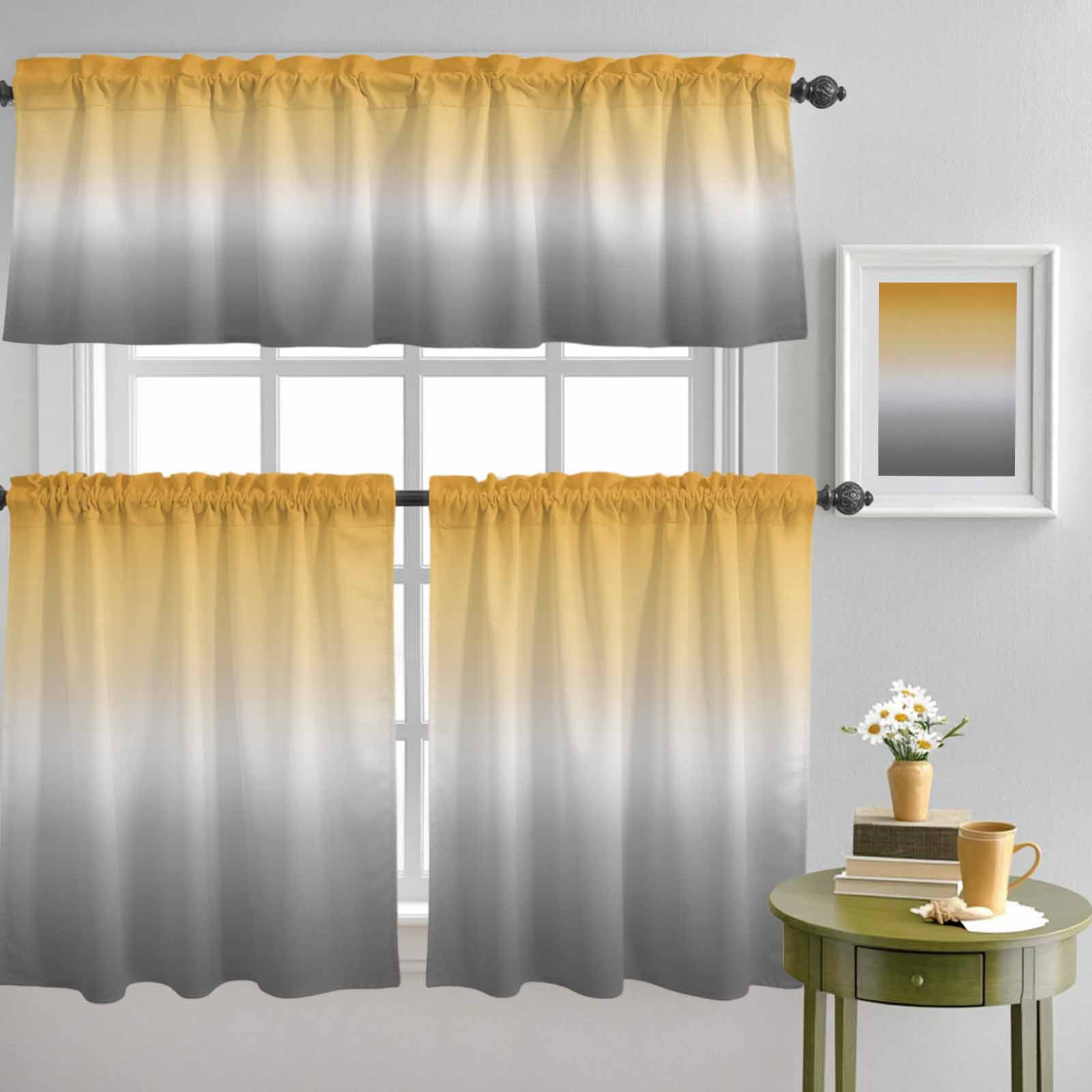 Orange Gradient Grey Ombre Curtain Tier and Valance Set 3 Piece ...