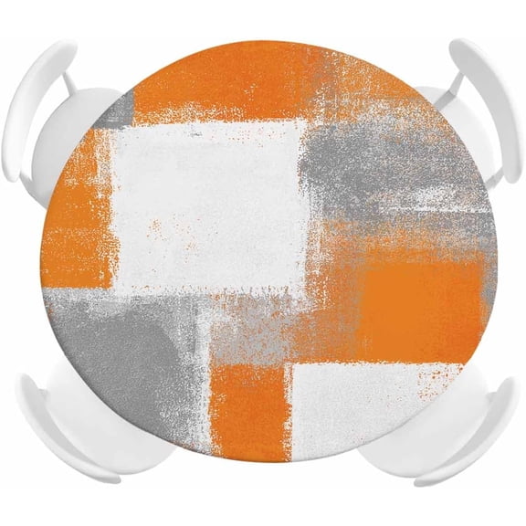 Orange Graffiti Art Round Tablecloth with Elastic Orange Brown Gray Abstract Painting Waterproof Stain-proof Table Cover Wipeable Fitted Table Cloth for 36"-44" Round Tables Dining Indoor Outdoor Use