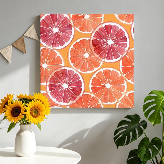 Orange Grapefruit Slices Canvas Wall Art, Pink Citrus Pattern Fruit Farmhouse Framed Canvas Wall Decor Picture Print Artwork Decorations for Living Room Office Ready to Hang 8" x 8"
