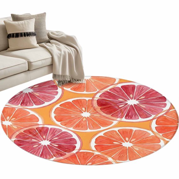 Orange Grapefruit Slices Round Area Rugs 3 ft, Pink Citrus Pattern Fruit Farmhouse Washable Small Area Rug with Non-Slip Sturdy Edge Binding Round Front Door Mat Floor Carpet for Entryway