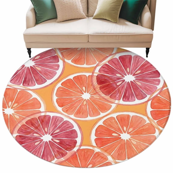 Orange Grapefruit Slices Round Living Room Rugs 6 ft, Pink Citrus Pattern Fruit Farmhouse Washable Area Rug with Non-Slip Sturdy Edge Binding Round Carpet for Kitchen Office Bedroom
