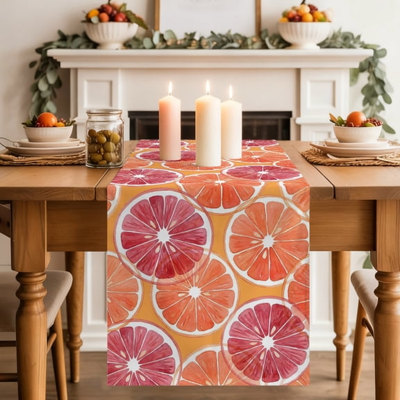 Orange Grapefruit Slices Table Runner, Pink Citrus Pattern Fruit Farmhouse Washable Cotton-linen Table Runners Dining Kitchen Decoration for Everyday Home Wedding Party Decor, 13 x 36 Inch