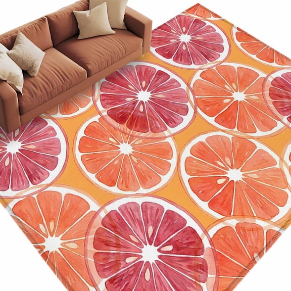 Orange Grapefruit Slices Washable Living Room Rugs 9'x12', Pink Citrus Pattern Fruit Farmhouse Low Pile Throw Large Area Rug Non-Slip Sturdy Edge Binding Carpet for Bedroom Dining Room Office