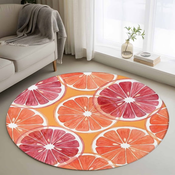 Orange Grapefruit Slices Washable Round Area Rug 3 ft, Pink Citrus Pattern Fruit Farmhouse , Soft Non Slip Rugs Stain Repellent Indoor Felt Carpet for Living Dining Room Bedroom Home Office