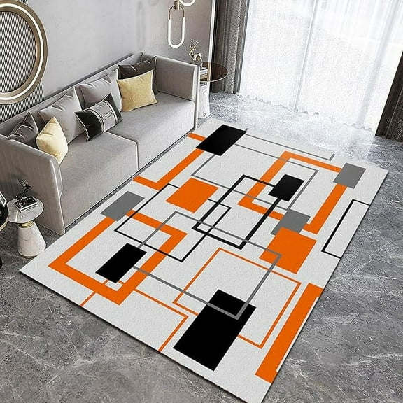 Orange Gray Abstract Geometry Rug For Living Room, Modern Minimalist Nordic Style Indoor Non Slip Carpet, Washable Durable Non-Shedding Rug For Boy Girl Office Hallway 5 x 7ft