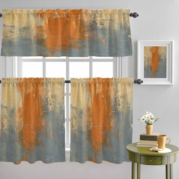 Orange Gray Abstract Graffiti Curtain Tier and Valance Set 3 Piece, Modern Street Art 3-inch Rod Pocket Window Tier Curtains Valance for Kitchen Living Room