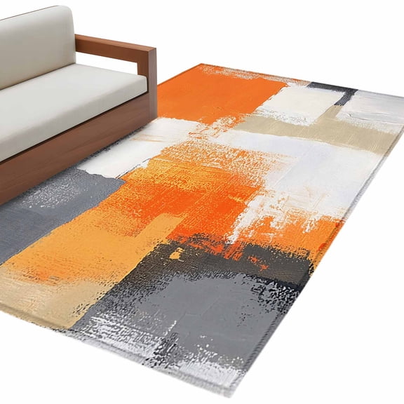 Orange Gray Area Rug 3x5ft Color Block Graffiti Art Mottled Texture Modern Non-Slip Washable Square Rugs Soft Felt Indoor Floor Mat for Bedroom Kitchen Living Room Bathroom