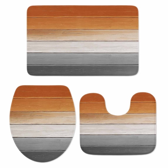 Orange Gray Bath Mat 3 Piece Bathroom Rug Set, Farmhouse Retro Gradient Wooden Grain Non Slip Bath Rug Contour Mat and Toilet Lid Cover, Absorbent Shower Mats Soft Bath Rugs and Mats Sets