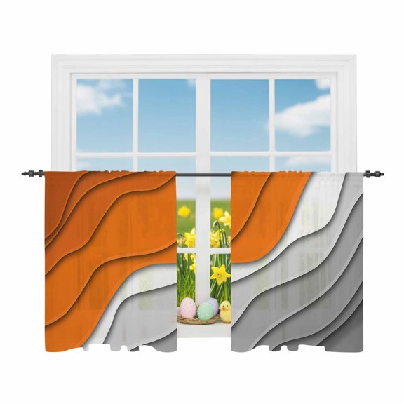 Orange Gray Beach Abstract Gradient Sheer Curtains 54 Inch Length Rod Pocket Semi Transparent Light Filtering Window Drapes for Kitchen Bedroom Living Room,2 Panels, Modern Geometric Lines