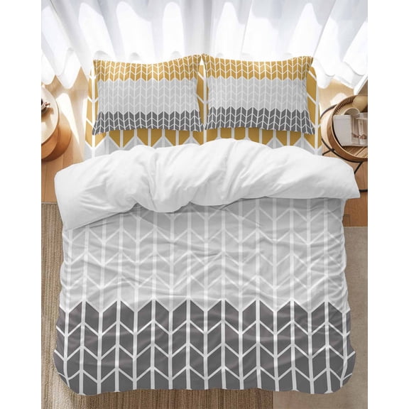 Orange Gray Bedding Duvet Cover Set Full Size 4 Pieces Chevron Abstract Geometric Modern Art Bedding Set with Zipper Closure, 1 Comforter Cover 86x86 Inches 1 Flat Sheet & 2 Pillow Cases