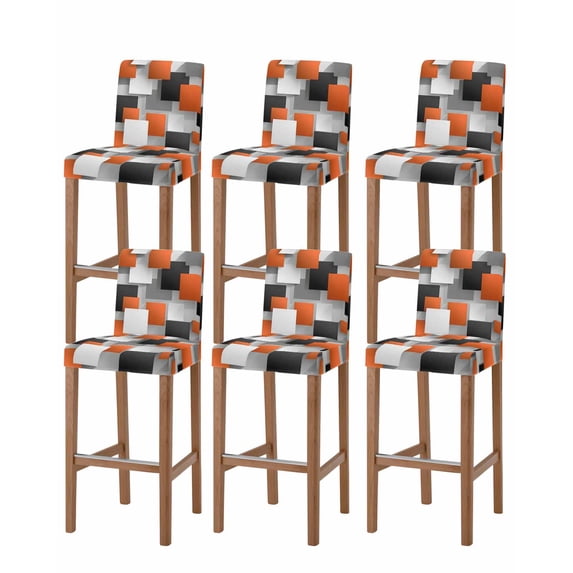Orange Gray Black Bar Stool Covers Set of 6, Modern Abstract Geometric Plaid Stretch Washable Bar Chair Covers with Backs, Removable Pub Counter Height Chair Cover for Kitchen Dining Room Cafe