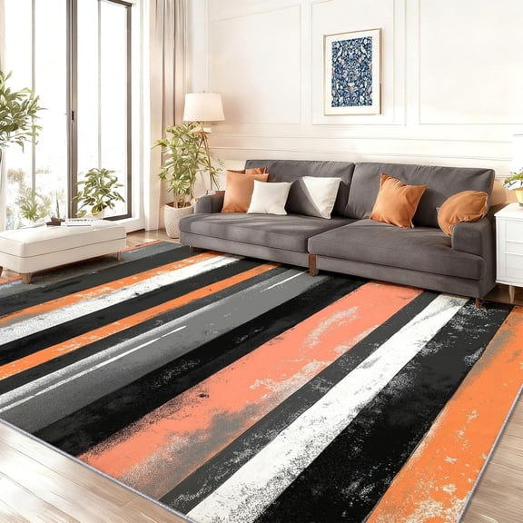 Orange Gray Black Rug Patchwork Geometric Stripes Area Rug Light Grey White Striped Carpet for Adults Men Women,Modern Simple Non Slip Decorative Rug for Bedside-5' x 6'