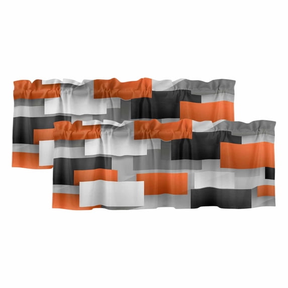 Orange Gray Black Valances for Windows, Modern Abstract Geometric Plaid Light Filtering Kitchen Curtains, Rod Pocket Window Valance Curtains for Living Room Bedroom, 54" W x 18" L, 2 Panels