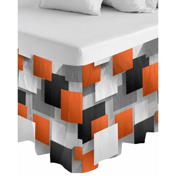 Orange Gray Black Wrap Around Bed Skirts for Queen Bed 16" Drop,Bed Skirt with Adjustable Elastic Belt Dust Ruffle Bed Valance for Bedroom Hotel Luxury Modern Abstract Geometric Plaid Bed Frame Cover