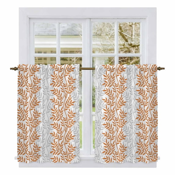 Orange Gray Botanical Kitchen Curtains, Pastoral Spring Summer Leaf Aesthetics Light Filtering Window Curtain Panels, 2Pcs Rod Pocket Window Treatments Set for Cabin Bathroom Bedroom 52x45 Inches