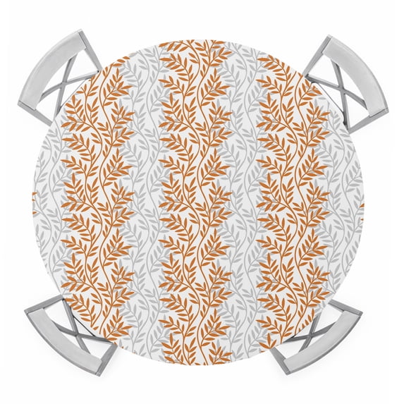 Orange Gray Botanical Round Tablecloth for 45-54 Inch Tables,Fitted Table Cover with Elastic Edge,Pastoral Spring Summer Leaf Aesthetics Waterproof Outdoor Table Cloth Protector for Patio Dinner