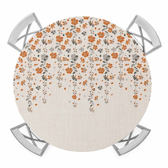 Orange Gray Floral Elastic Fitted Round Table Cover Spring Flowers Waterproof Outdoor Tablecloth for Holiday Party, Picnic, Patio & Dining Fits Tables Up to 36"-44"