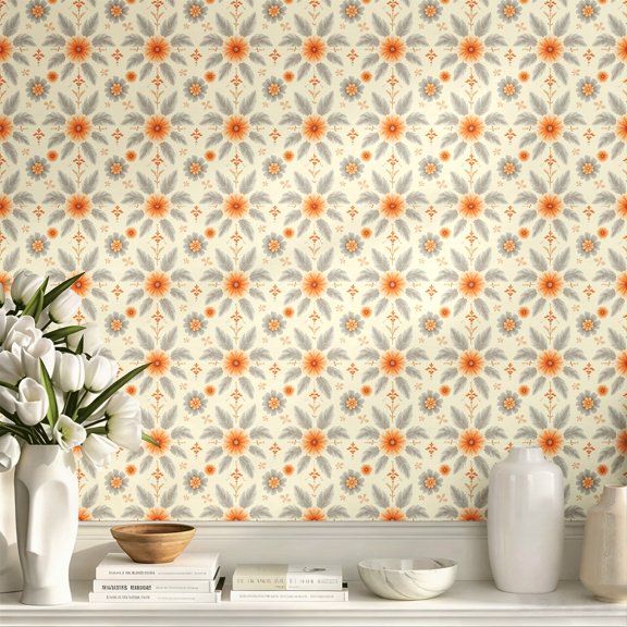 Orange Gray Floral Peel and Stick Wallpaper Boho Vintage Rustic Wall Art Wall Decor Art Print Elegant Exquisite Home Wall Decoration for Living Room Bedroom Bathroom Apartment Decor