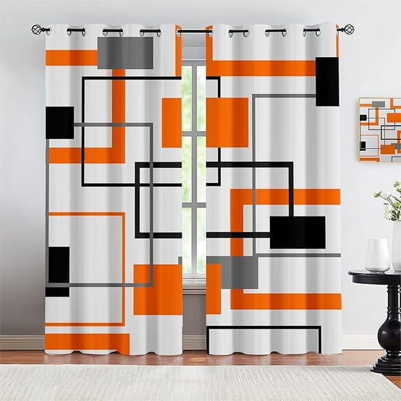 Orange Gray Geometric Color Block Blackout Curtains, Boho Abstract Irregular Window Curtains, 3D Printed Noise Reducing Grommet Drapes for Living Room Bedroom Kitchen Cafe 53"W x 63"L (Pack of 2)