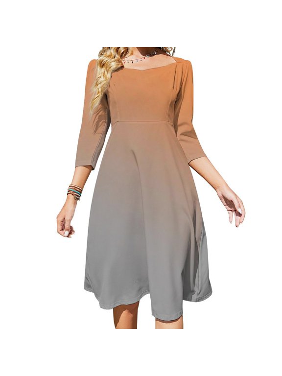 Orange Gray Gradient Womens Summer Dress Tie Back A Line Flare Dress