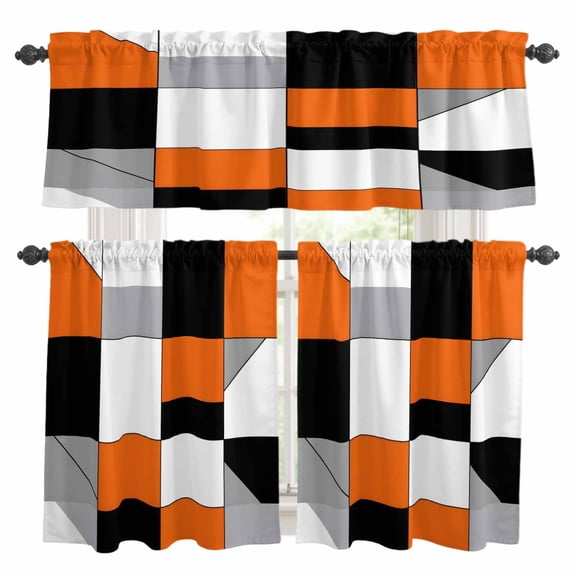 Orange Gray Kitchen Curtains Valances and Tiers Set of 3 Black Geometric Abstract Color Block Plaid Tier Curtains and Valance with Rod Pocket for Small Windows, 27.5"x36"