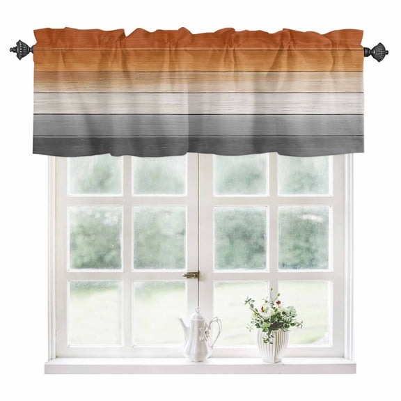 Orange Gray Kitchen Valances for Windows 42x12 Inch Kitchen Curtains Valances Rod Pocket Farmhouse Retro Gradient Wooden Grain Bathroom Window Valances for Window Treatment Decor
