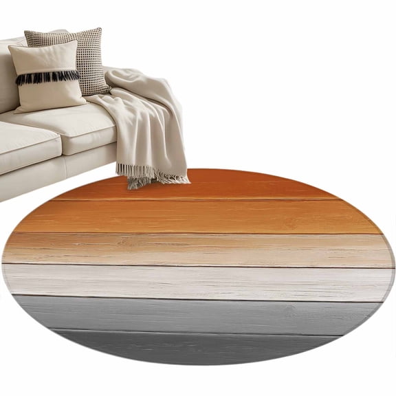 Orange Gray Large Area Rugs for Bedroom Living Room, Soft Non Slip Carpet Bedside Rug, Farmhouse Retro Gradient Wooden Grain Round Floor Cover Kitchen Accent Rug 3' for Dining Room/Office