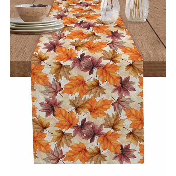 Orange Gray Maple Leaf Table Runner 72 Inches, Retro Botanical Watercolor Bed Runner Dresser Scarves Tabletop for Indoor Outdoor Parties/Ceremony/Banquet, 18" x 72"