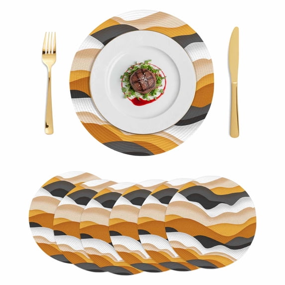 Orange Gray Ombre Round 13 Inch Placemats Set of 6, Modern Geometric Moire Abstract Art HeatResistant Non Slip Place Mats for Dining Table, Wipeable Braided Kitchen Table Mats for Housewarming