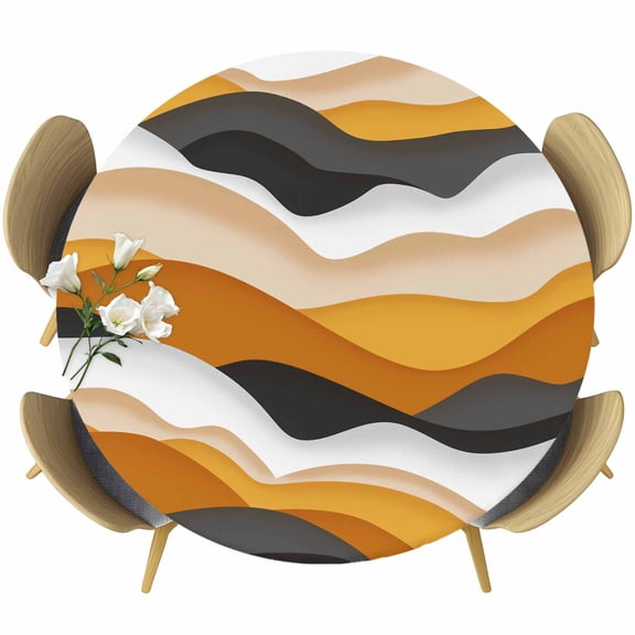 Orange Gray Ombre Table Cloth, Round Fitted Tablecloths with Elastic Edge, Modern Geometric Moire Abstract Art Wipeable Waterproof Table Cover for Kitchen Wedding 55-60 Inches