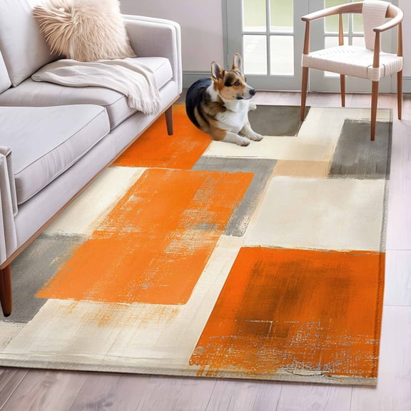 Orange Gray Paint Area Rugs 3x5 ft Abstract Mottled Oil Painting Texture Washable Rug Non Slip Indoor Carpet Absorbent Floor Mat for Living Room Bedroom Dining Room