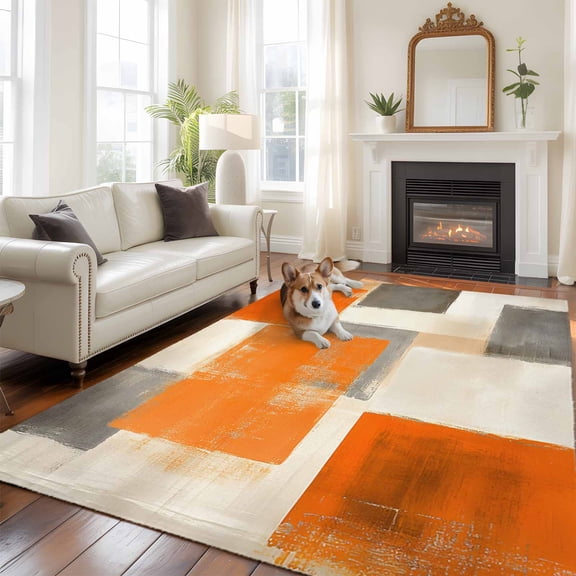Orange Gray Paint Large Area Rugs 6x9 ft Abstract Mottled Oil Painting Texture Washable Rug Non Slip Indoor Carpet Absorbent Floor Mat for Living Room Bedroom Dining Room