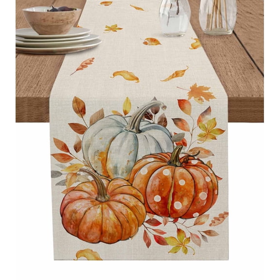 Orange Gray Pumpkins Fall Burlap-Cotton Table Runner 120 Inches Long,Thanksgiving Botanical Farmhouse Table Runners,Outdoor Dining Tablecloths Decor for Baby Shower Party Wedding 13x120