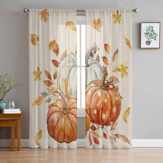 Orange Gray Pumpkins Fall Sheer Curtains 84 Inches Long 2 Panels Set, Window Sheer Curtains for Living Room/Bedroom, Thanksgiving Botanical Light Filtering Rod Pocket Curtain 52'' x 84'' x 2